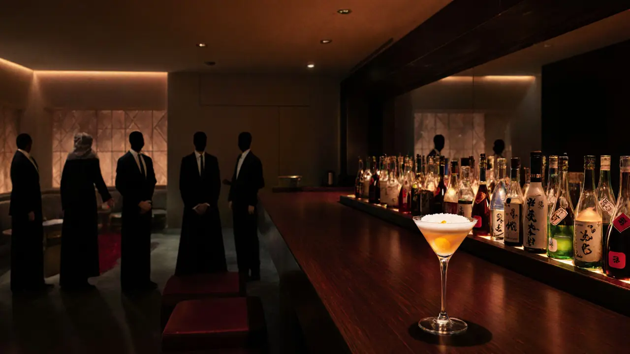 Elegant Japanese-inspired lounge with glass bar, dim lighting, and silhouettes of sophisticated guests.