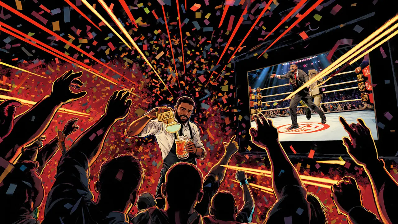 Excited crowd at a UFC night with neon lights and a bartender pouring a themed cocktail.