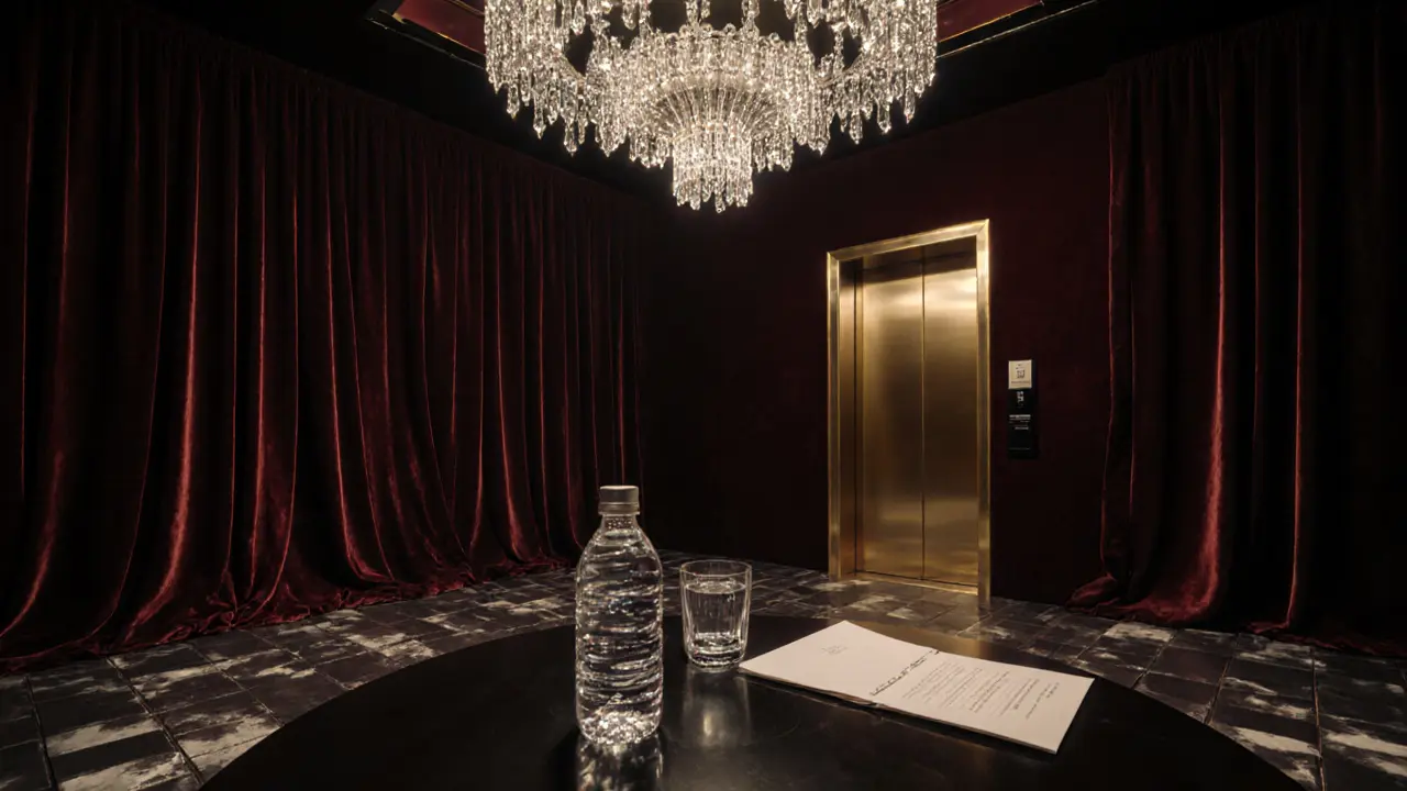 Exclusive VIP club interior with velvet drapes, crystal chandeliers, and a single glass on a quiet table.