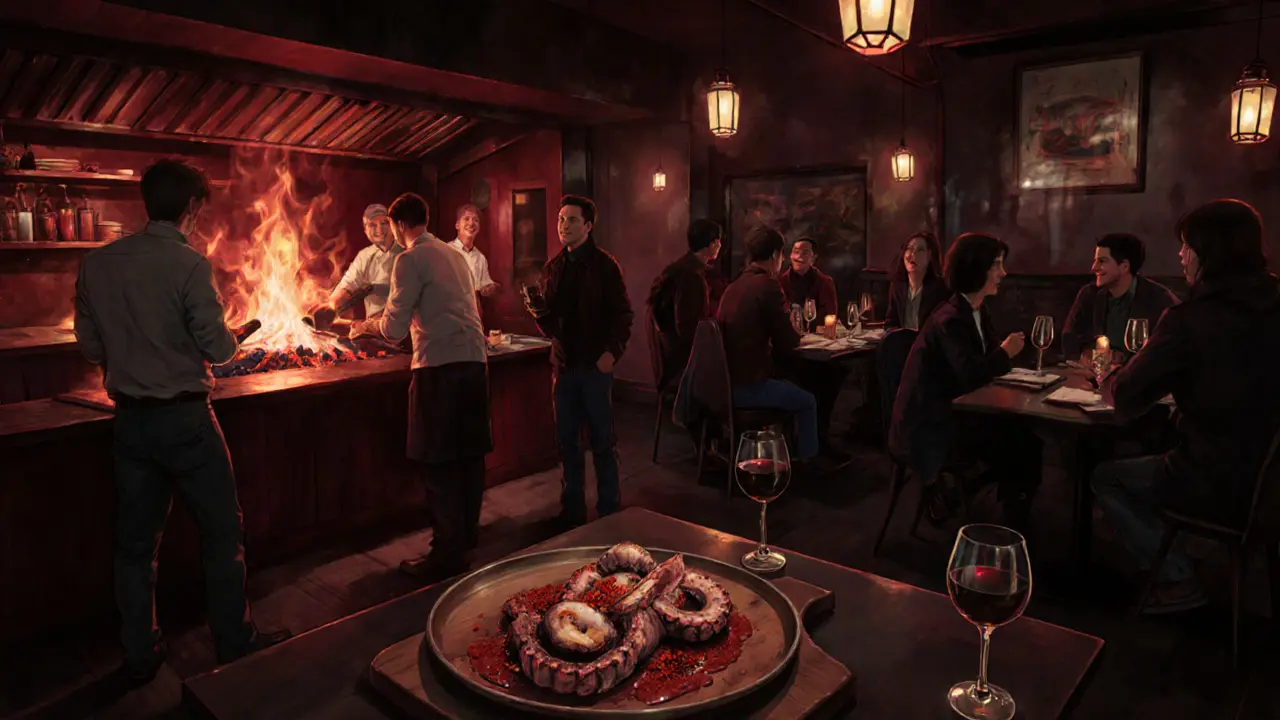 Firelit restaurant kitchen serving charcoal-grilled octopus and steaks at 1 a.m.