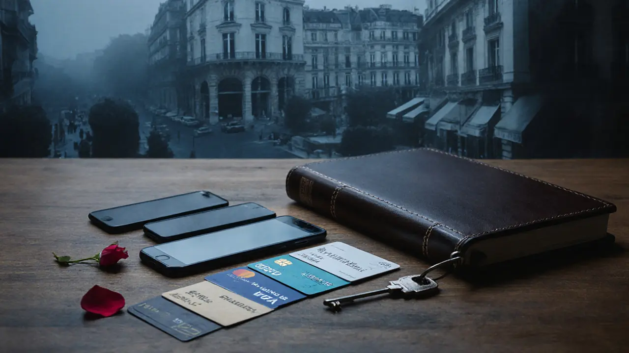 Five credit cards, burner phones, and a journal lie on a table with blurred Paris locations in the background, symbolizing hidden identities.