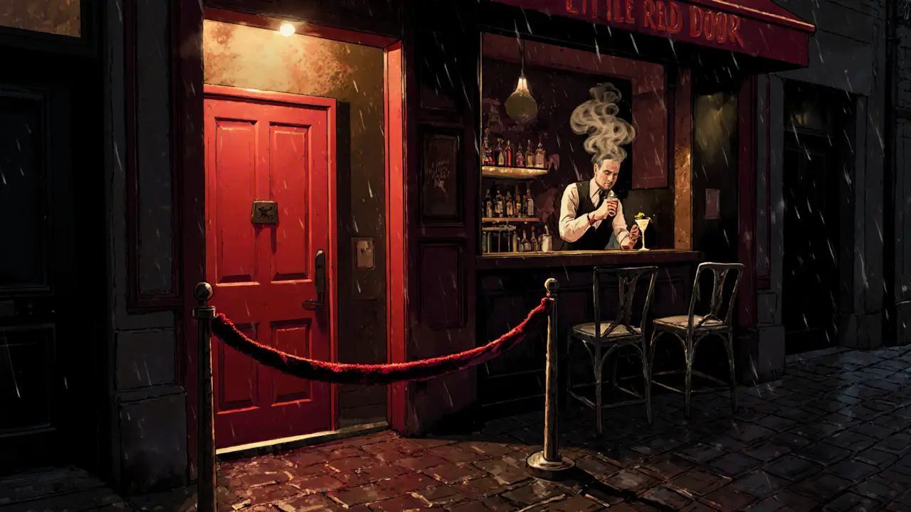 Hidden red door in a dim alley, glowing warmly with smoke rising from a cocktail inside.