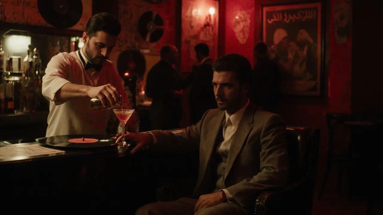 Hidden retro bar with vintage decor, dim lighting, and a bartender pouring a specialty cocktail.