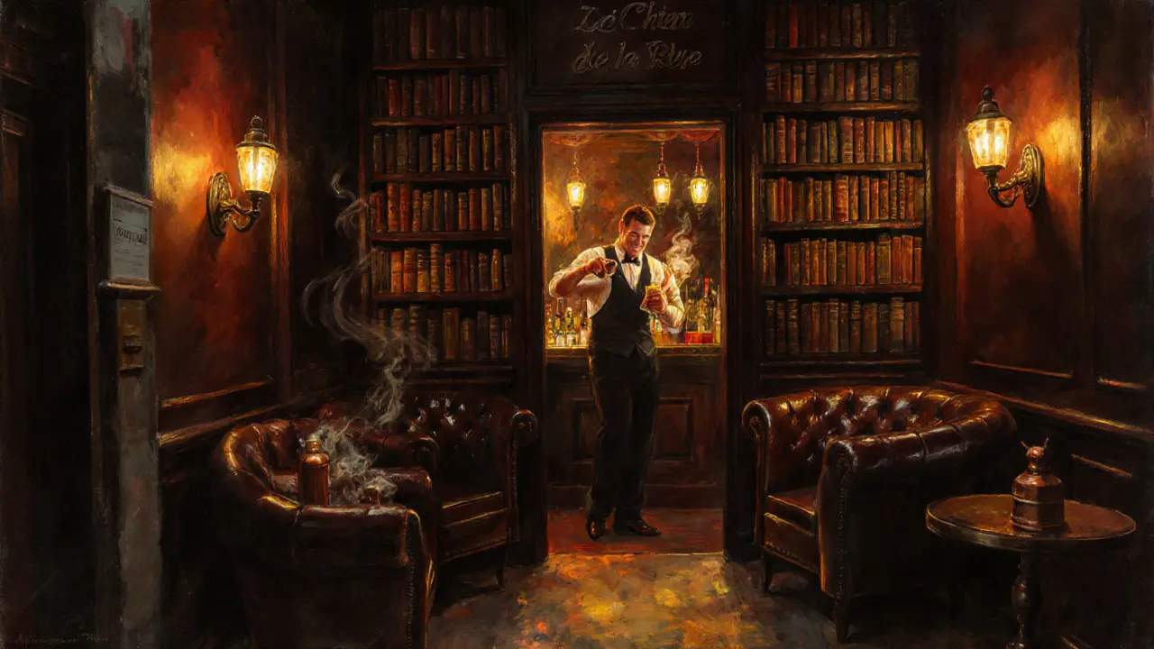Hidden speakeasy interior with a bartender pouring a drink in warm, smoky lighting.