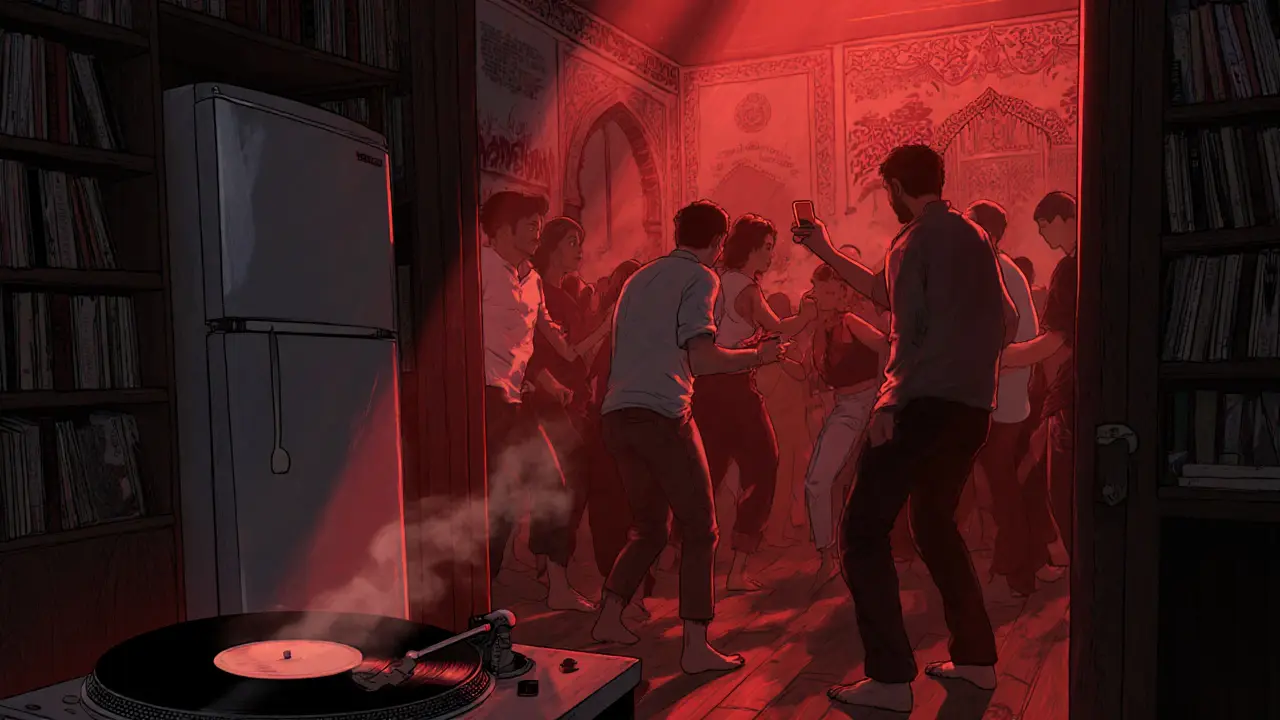 Hidden underground club behind a fridge door, people dancing to vinyl records in dim red light.