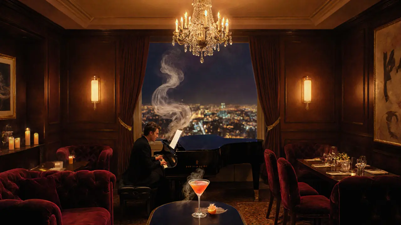 Intimate bar with velvet sofas and live piano, smoke rising from a signature drink under warm lighting.