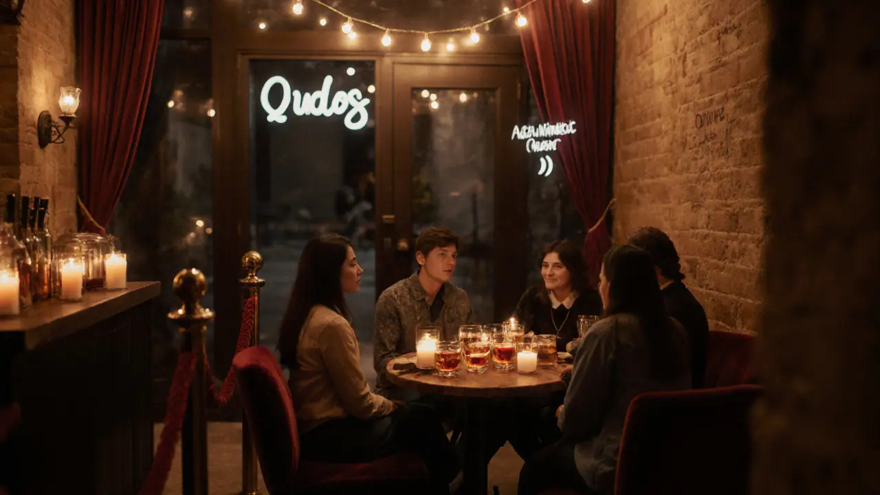 Intimate group at Qudos bar sipping whiskey under soft candlelight in a hidden alley venue.
