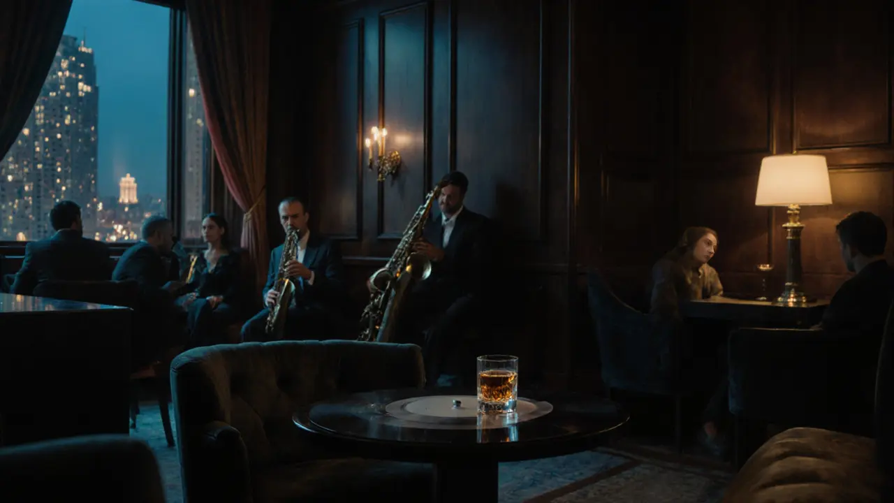 Intimate jazz bar interior with oud and saxophone on stage, dim lighting, and a glass of whiskey on a wooden table.