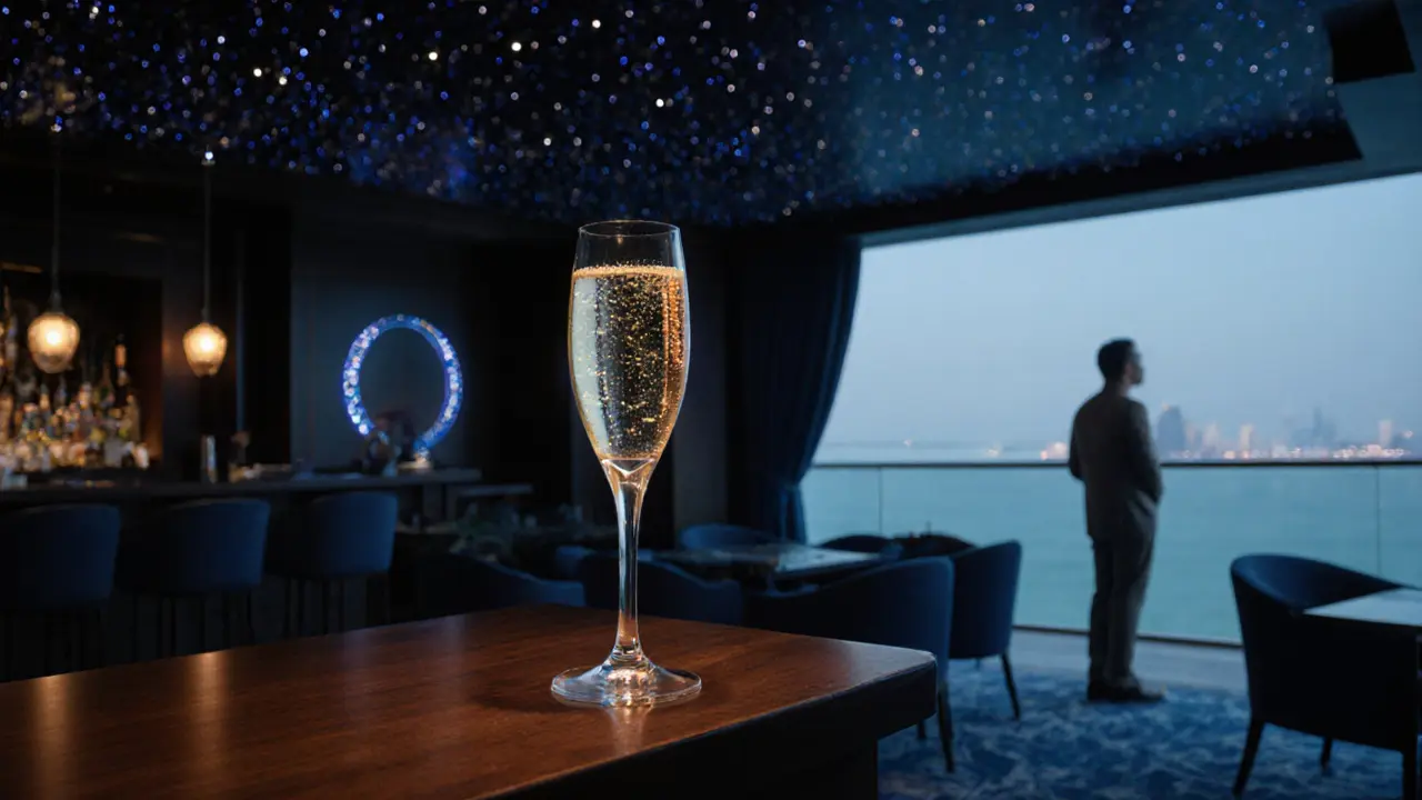 Luxurious lounge with starlit ceiling and deep blue tones, a sparkling cocktail on a dark wood bar.