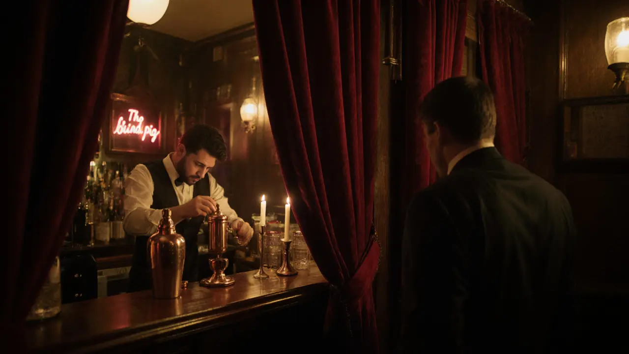 Mysterious speakeasy bar with candlelight and a bartender mixing drinks in vintage attire.