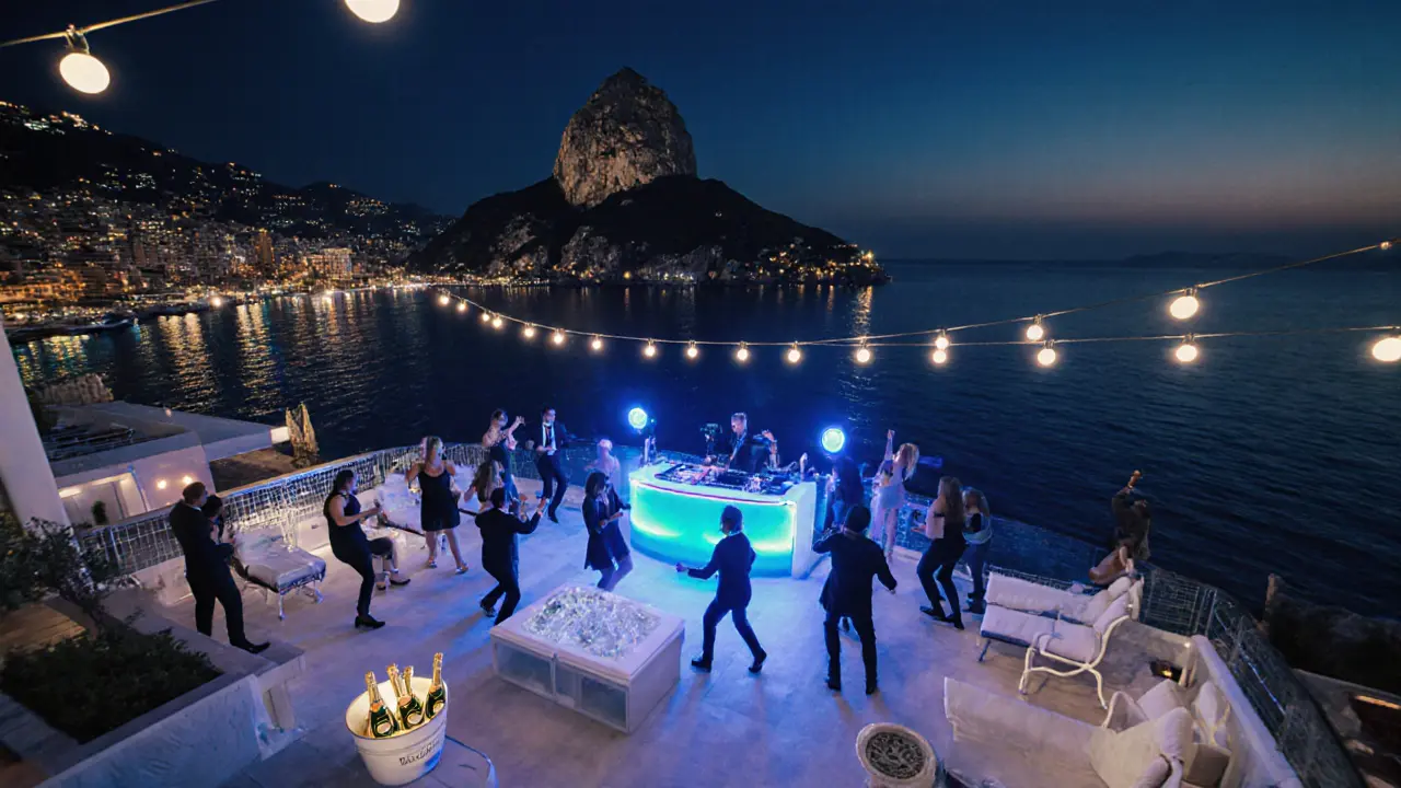 Open-air nightclub by the harbor with guests dancing under string lights and the Monaco skyline glowing behind.