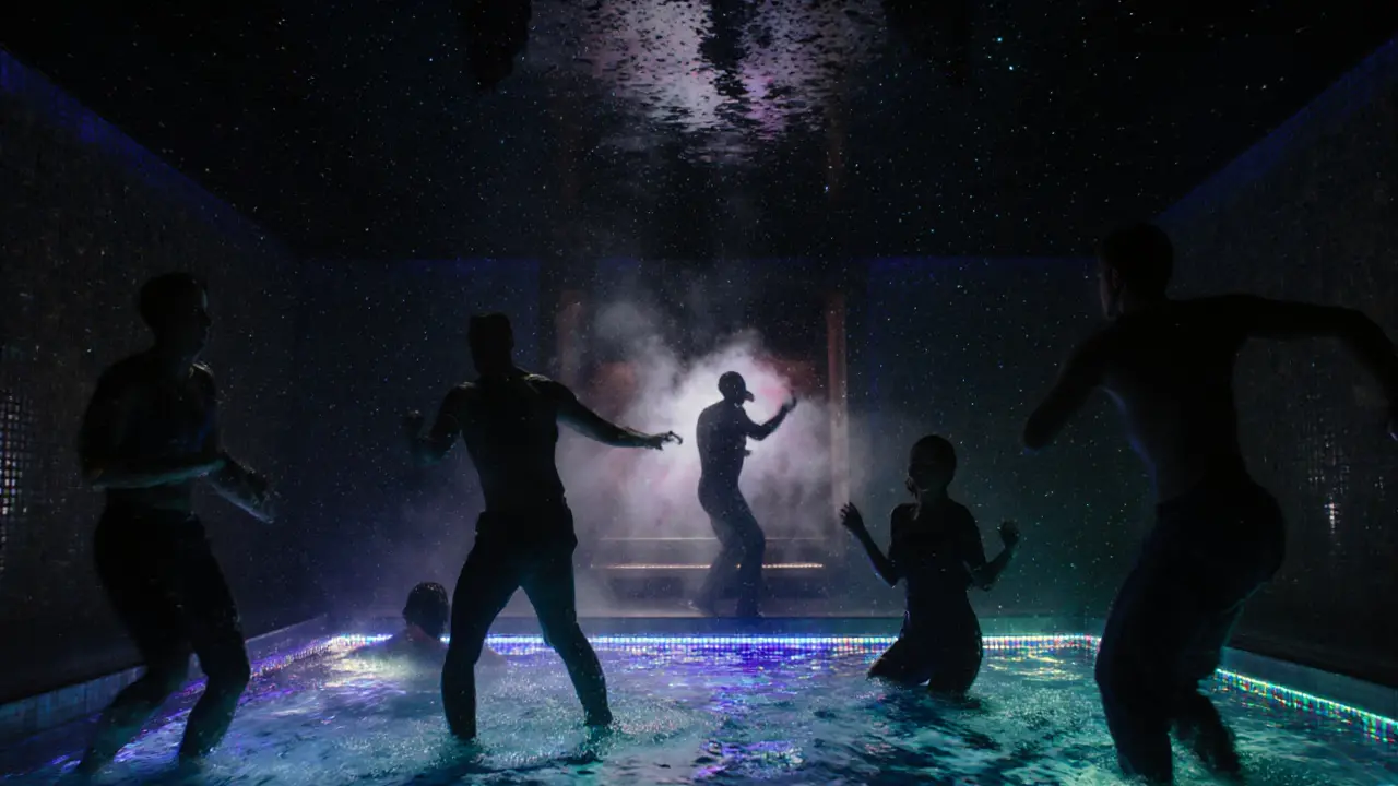 People dancing in a submerged bathhouse pool under colorful underwater lights.
