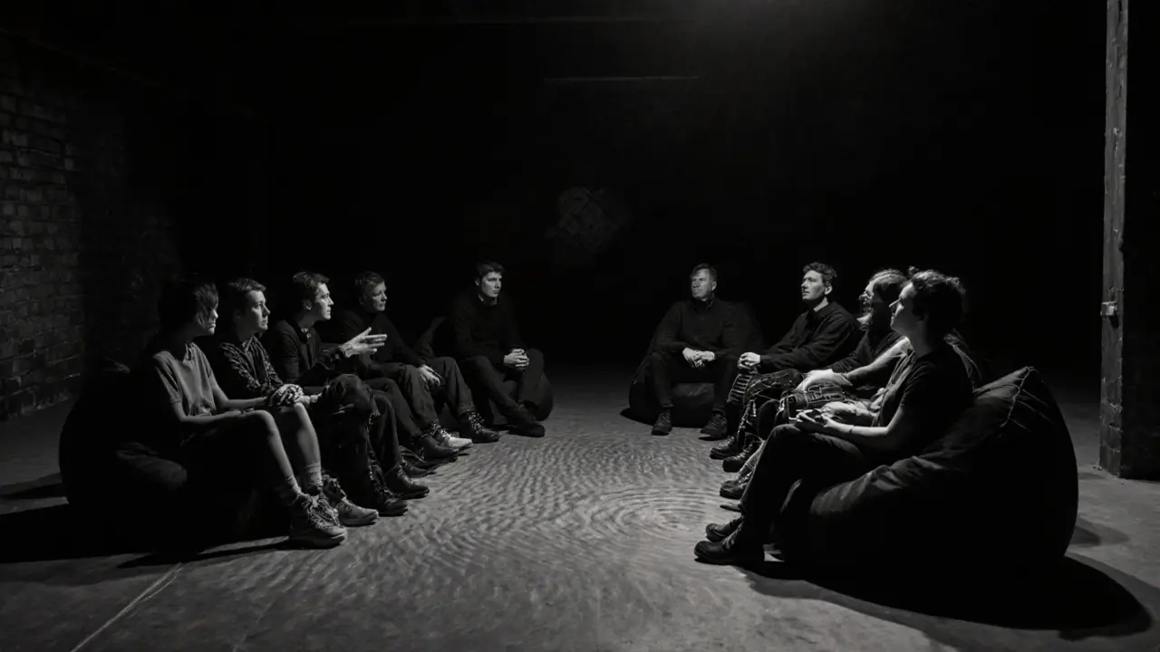 People sitting in total darkness, experiencing music transmitted through vibrating floors.