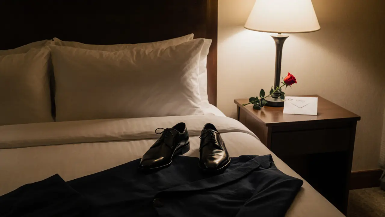Polished shoes and a tipped envelope on a hotel bed, symbolizing dignity and respectful closure.