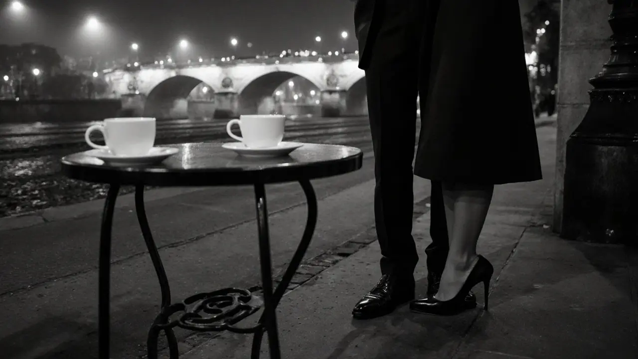 Polished shoes on a Parisian street at night, coffee cups untouched, mist softening the distant bridge.