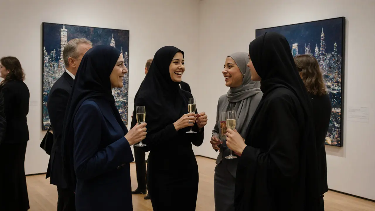 Professional female companions socialize at an Abu Dhabi gallery opening, dressed elegantly, engaging in quiet conversation.
