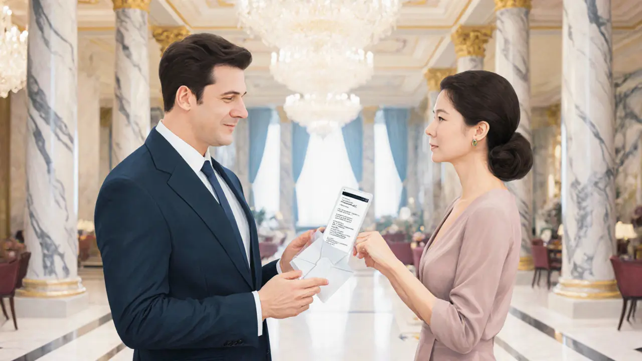 Professionally dressed individuals meeting respectfully in a luxury hotel lobby, subtle and discreet.