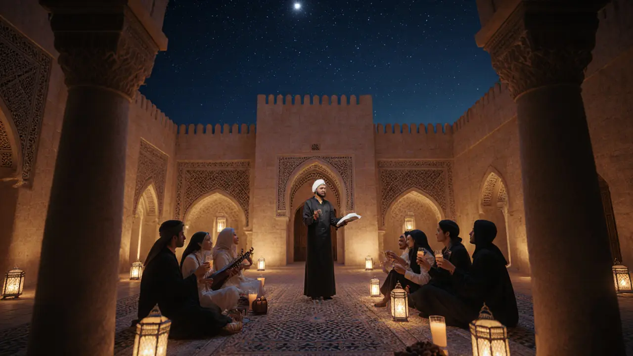 Quiet cultural gathering at Qasr Al Hosn with storyteller and traditional music at night