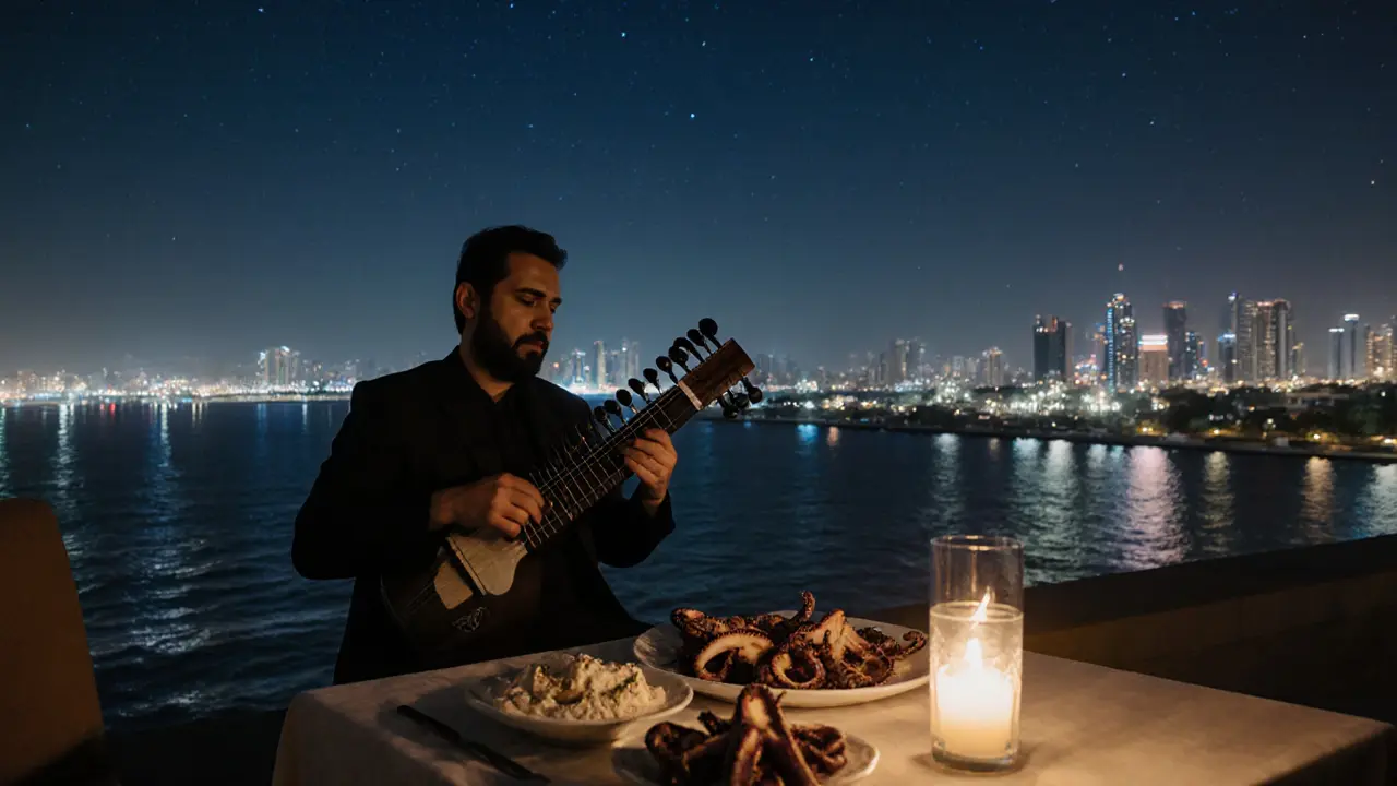 Quiet rooftop dining at Al Maqam Hotel with oud player, grilled octopus, and starlit sea view.