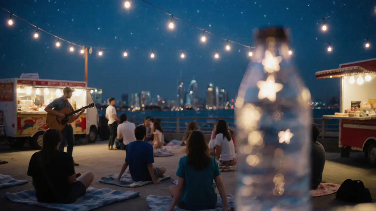Quiet rooftop gathering under string lights with people stargazing and acoustic music in the background.