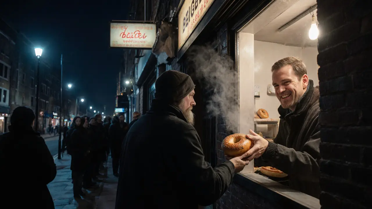 Salt beef bagel handed out at 4 a.m. from Beigel Bake on Brick Lane.