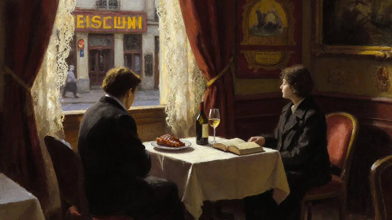 Two people enjoy wine and duck confit at a quiet Le Marais bistro at dusk.