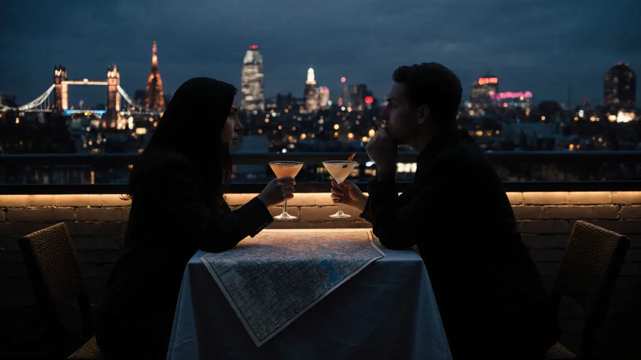 Two people enjoying cocktails on a rooftop bar overlooking London&#039;s glowing skyline at twilight.