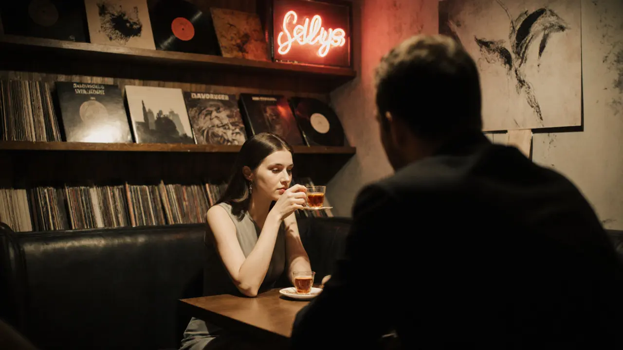 Two people in a secluded jazz lounge, one listening intently as the other speaks softly.