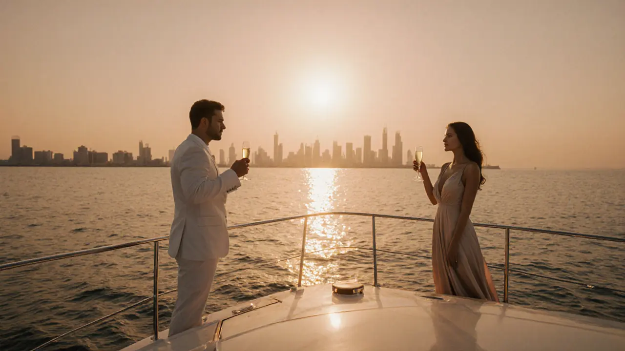 Two people on a private yacht at sunset, sailing silently across the Persian Gulf with the city skyline behind them.