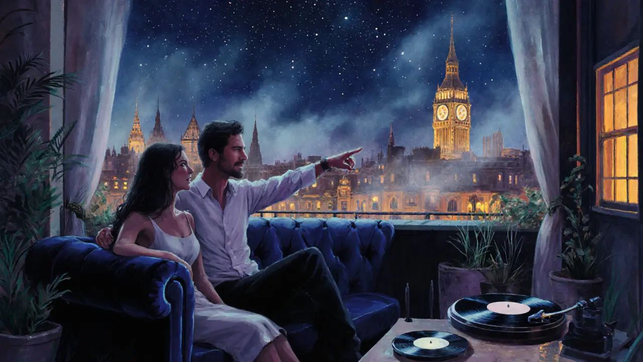 Two people on a rooftop terrace at twilight, London&#039;s lights glowing below in the distance.