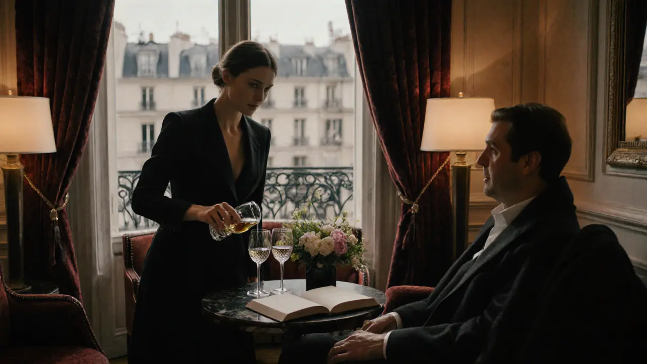 Two people share wine in a luxurious Parisian lounge, candlelight casting soft shadows over elegant decor.