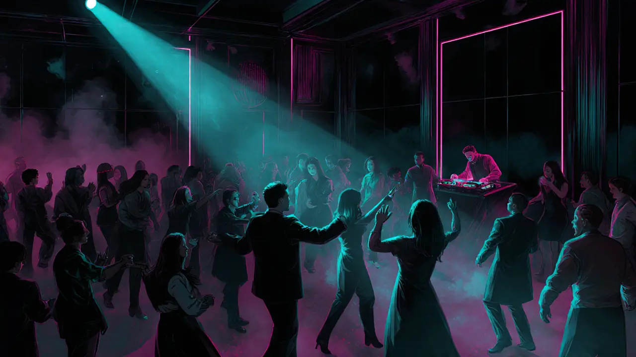 Underground club at midnight with diverse crowd dancing under neon lights and sound systems.