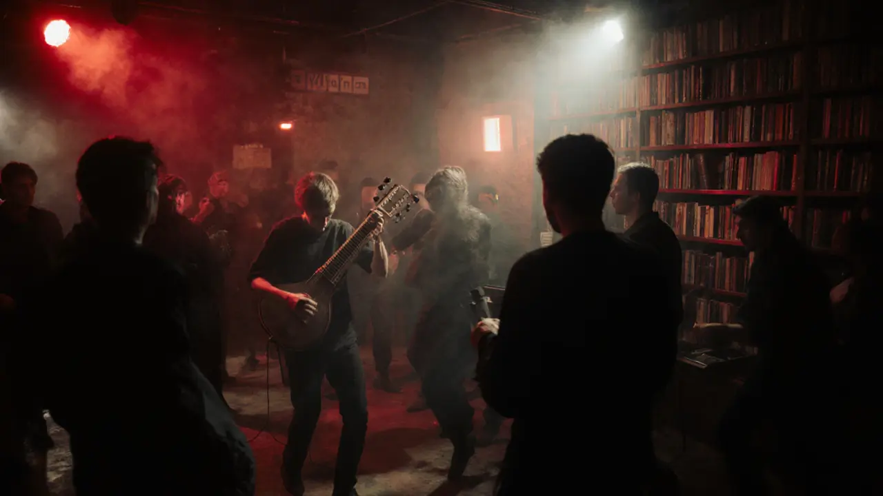 Underground club in Beyoğlu with live oud music and crowd dancing in dim red lighting.