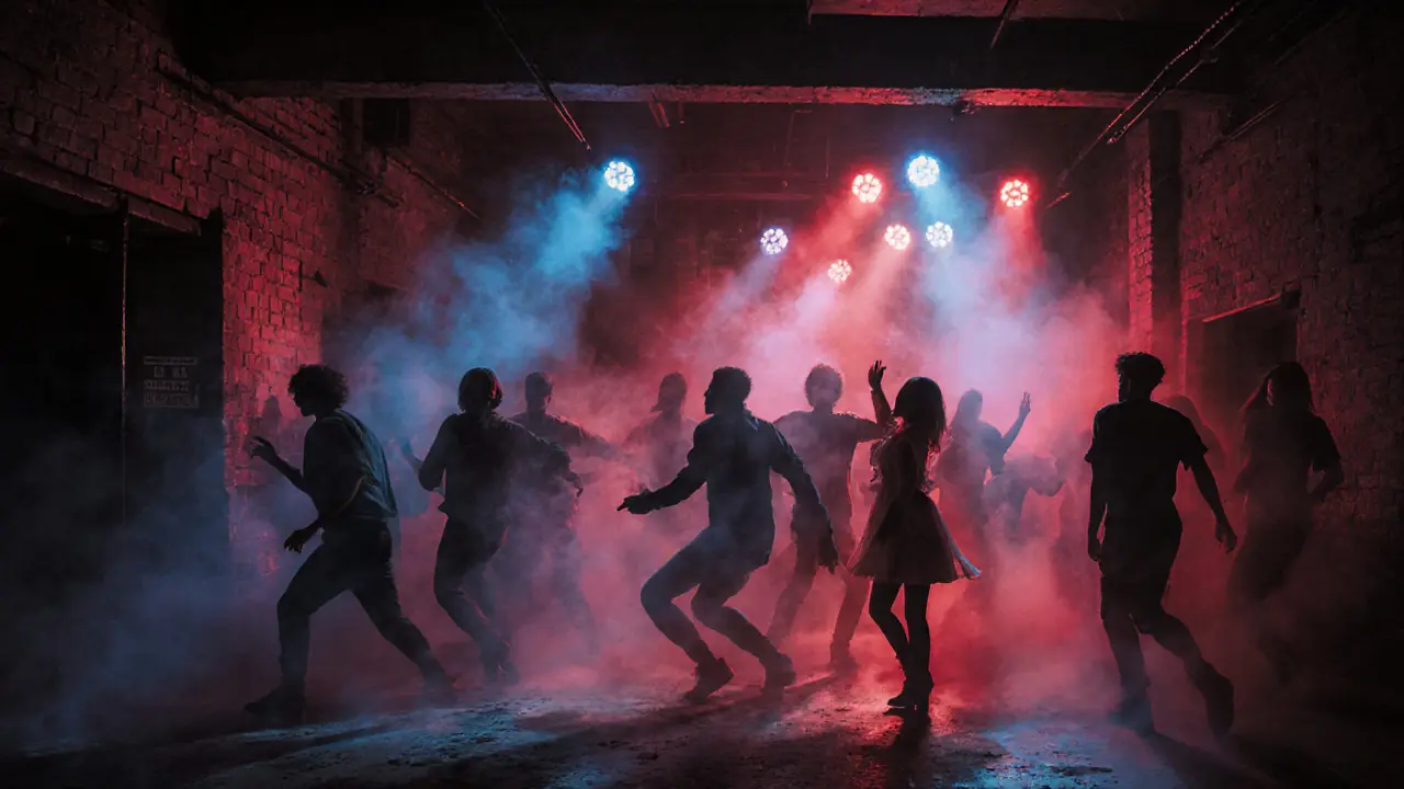 Underground club La Bicocca with dancers in dim strobe light amid industrial surroundings.