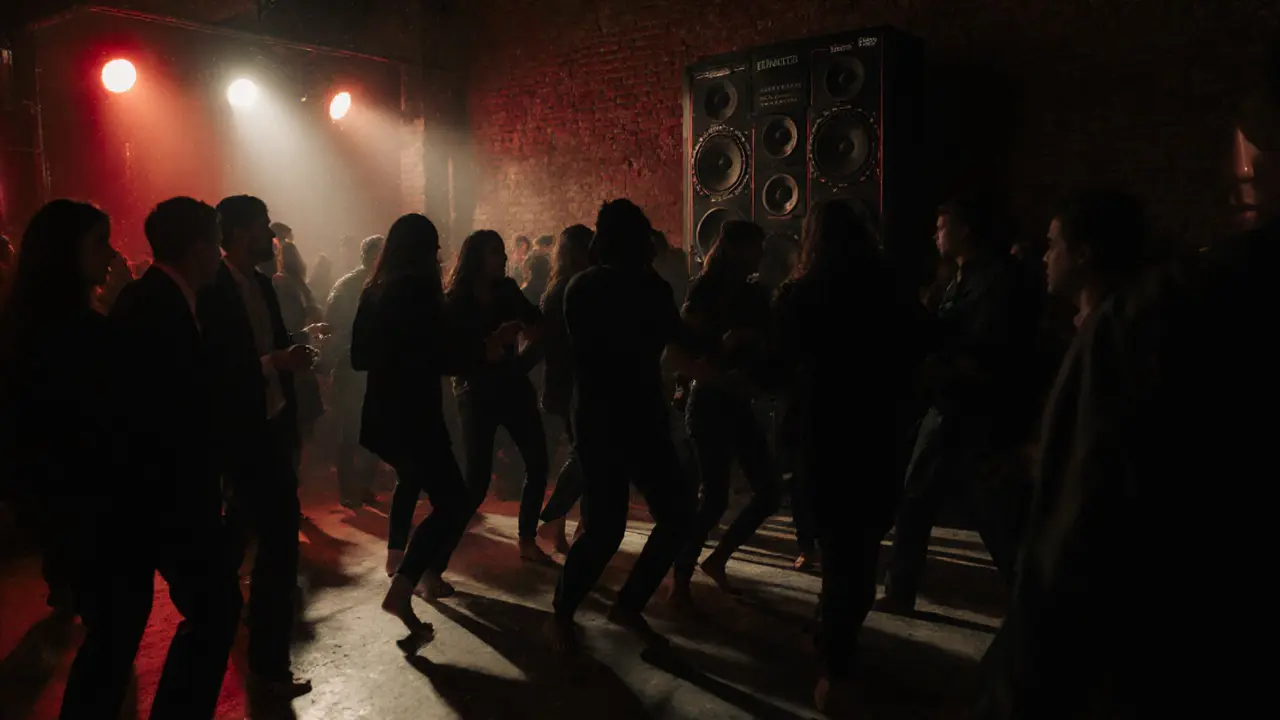 Underground club with dark walls and pulsing lights, crowd dancing on concrete floor to deep house music.