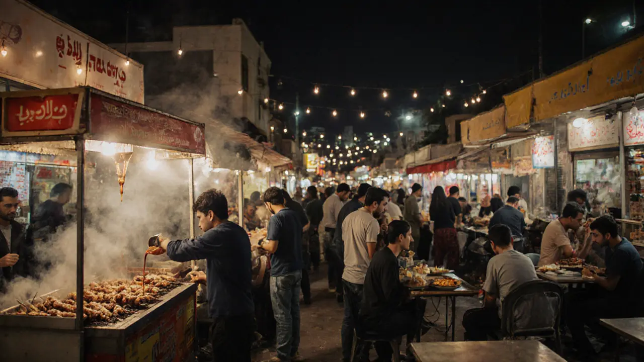 Vibrant Al Jazira Food Court at midnight with shawarma stalls and luqaimat dessert cart under string lights.