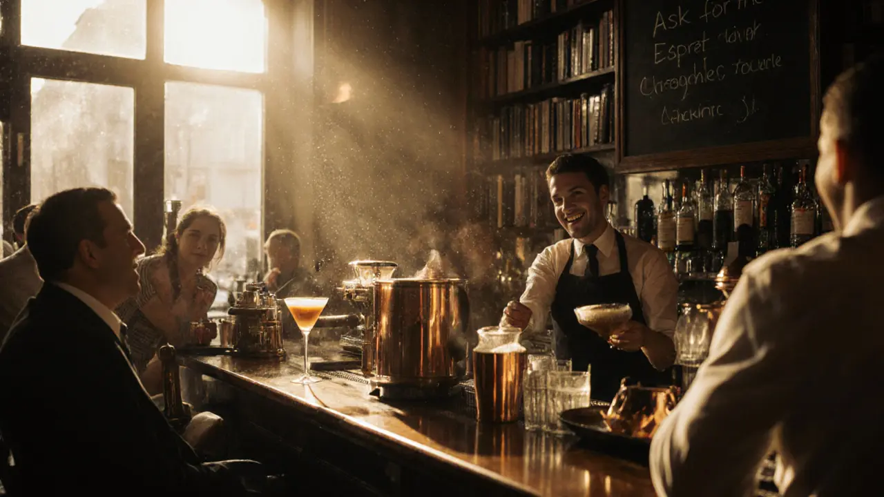 Vibrant local bar with a bartender pouring an Espresso Martini, sunlight streaming through windows.