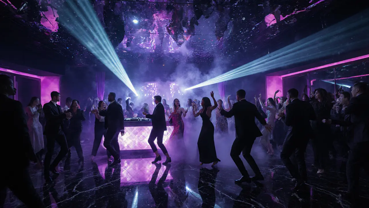 Vibrant nightclub interior with laser lights and a stylish crowd dancing under glowing neon accents and mirrored ceilings.