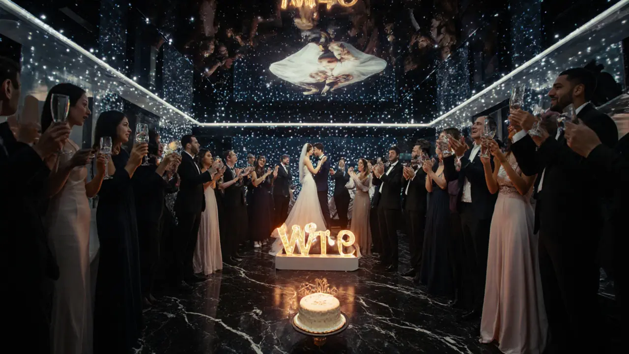 VIP celebration at White Dubai with golden cake and photo projected on ceiling as lights pulse around.