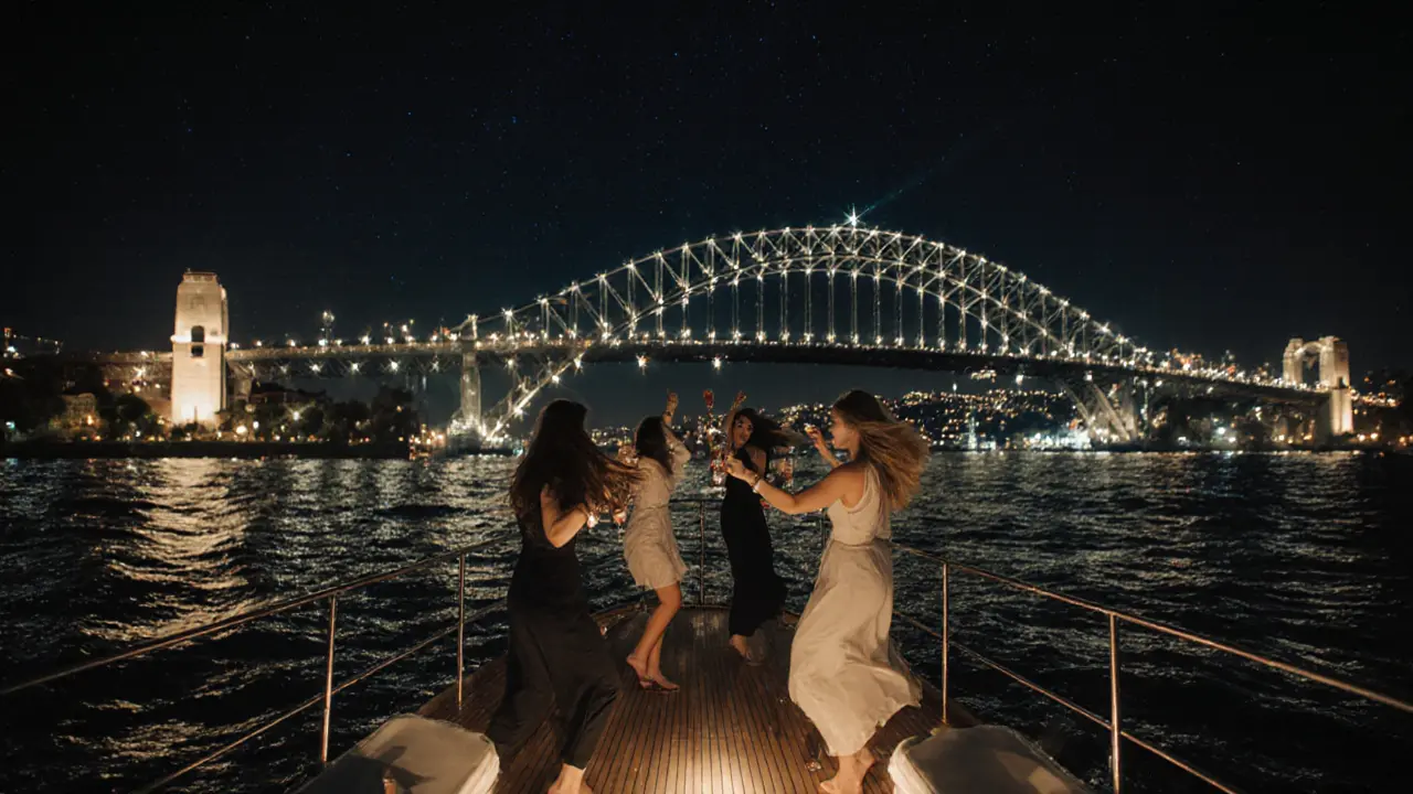 Yacht sailing under Bosphorus Bridge at night, lights reflecting on water under starry sky.
