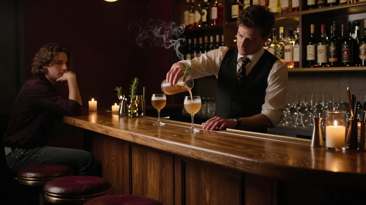 A bartender crafting a custom cocktail in a tiny, candlelit bar with no menu in sight.