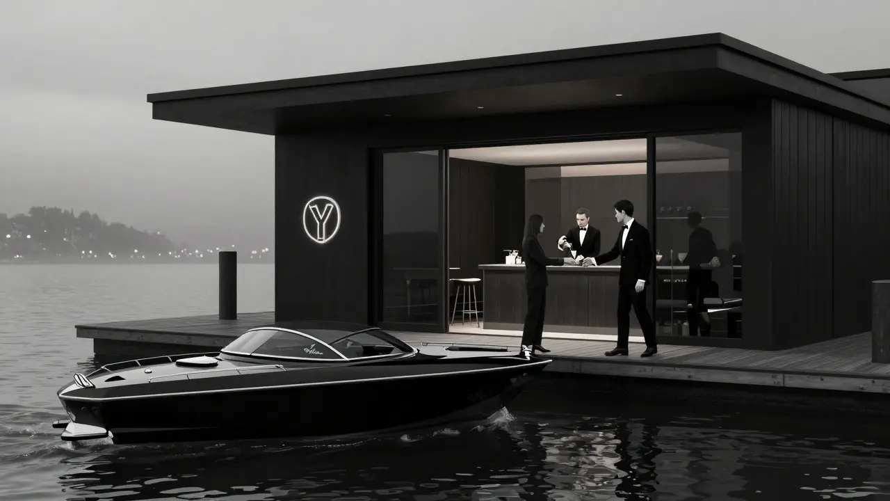 A black speedboat arriving at a private dock at dawn, a butler greeting a guest at the entrance of an unnamed luxury yacht club.