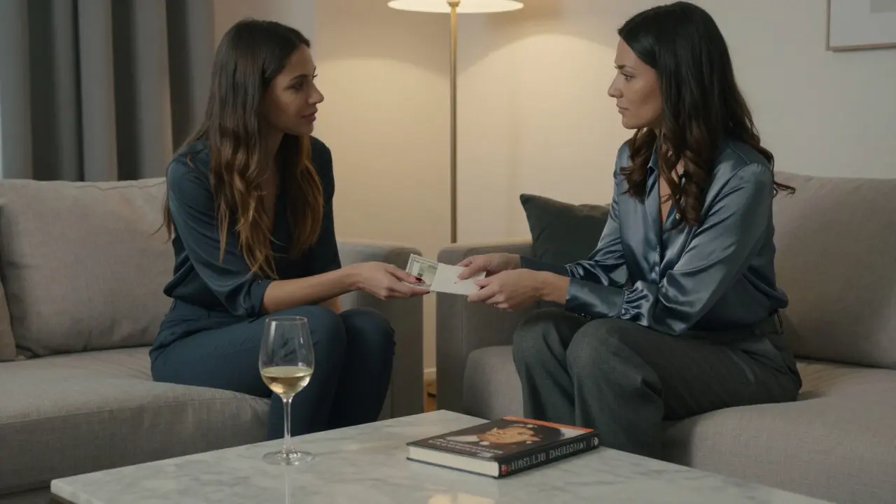 A client hands cash to an escort in a tasteful private setting, surrounded by elegance and restraint.