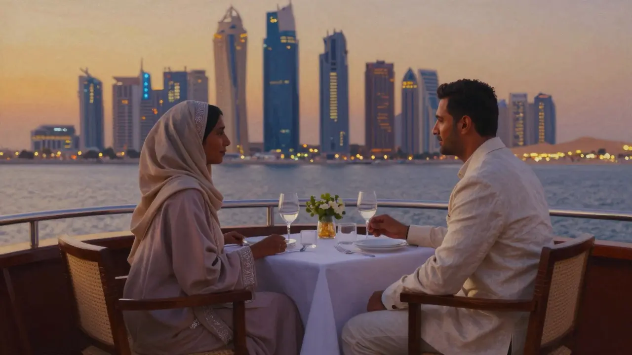A couple on a private dhow cruise at sunset along Abu Dhabi&#039;s Corniche, enjoying the skyline.