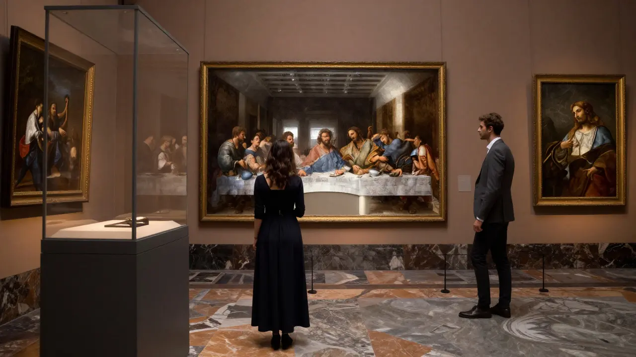 A couple quietly admiring Caravaggio's painting in the serene, dimly lit halls of Brera's art gallery.