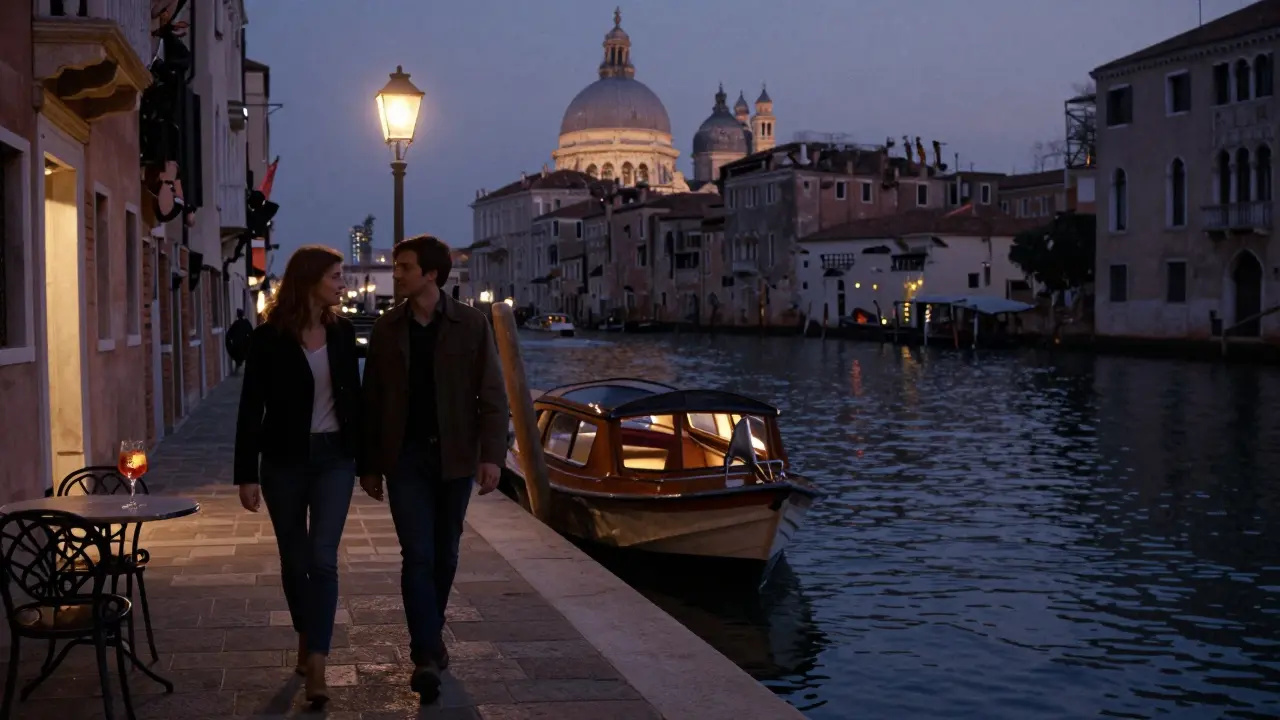 A couple strolls along the Navigli canals at twilight, lanterns glowing on boats, the Duomo visible in the distance under a dusky sky.
