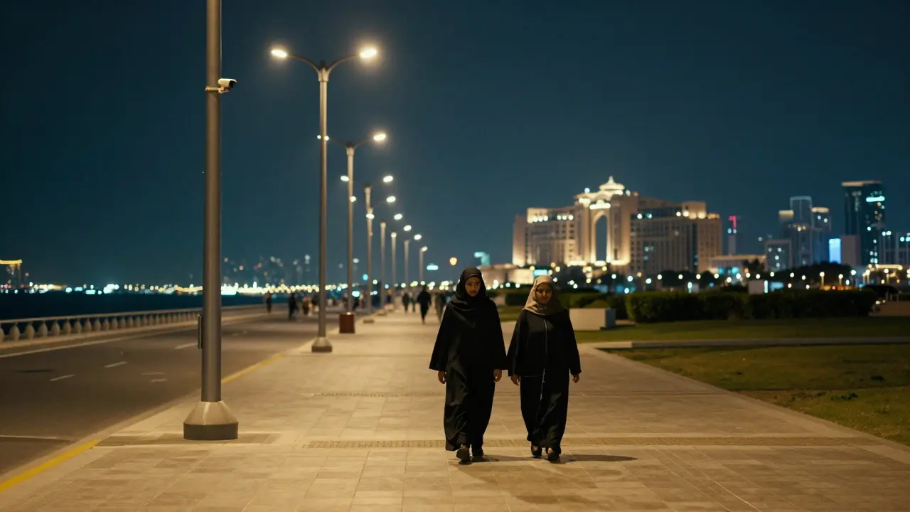 A couple walking respectfully along Abu Dhabi's Corniche at night, adhering to cultural norms under soft street lighting.