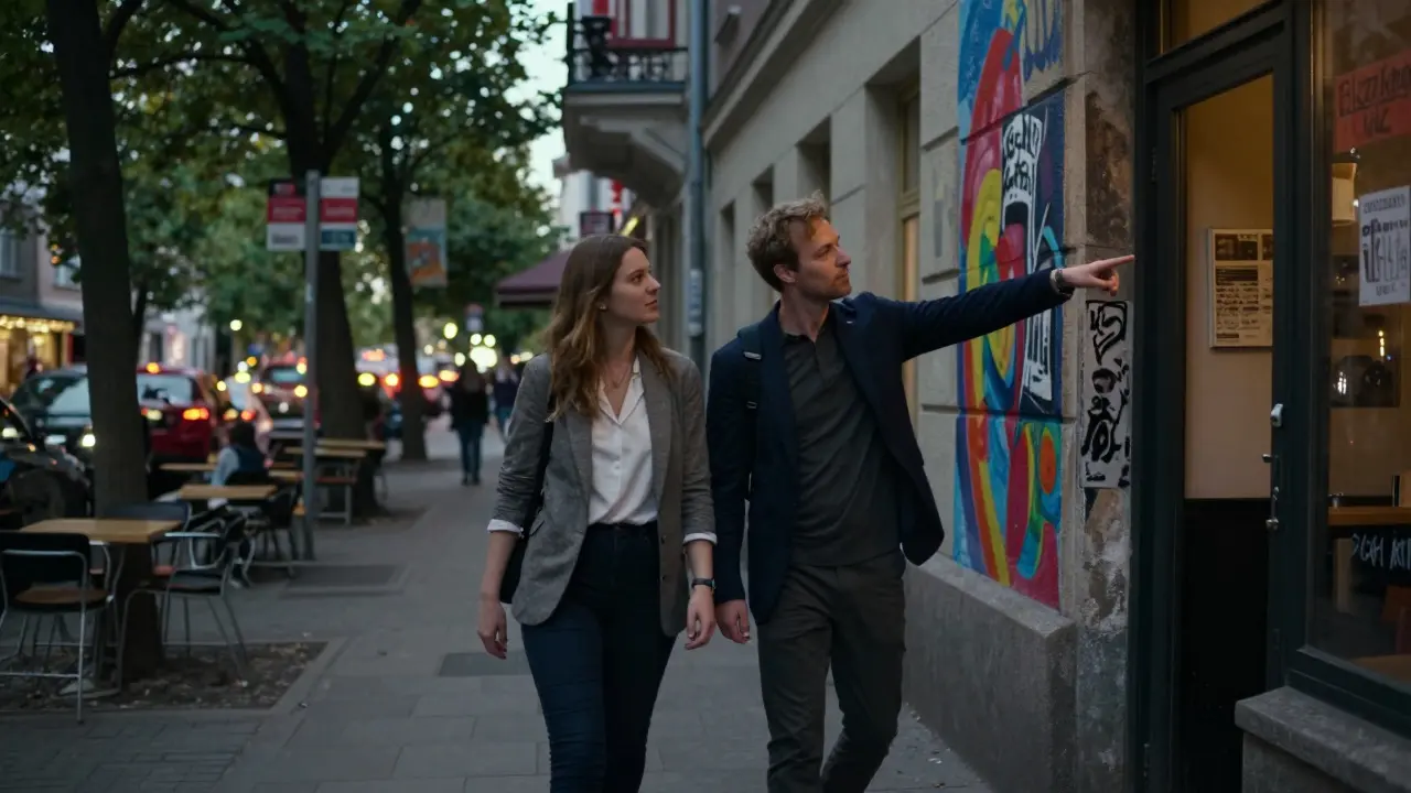 A couple walking through Kreuzberg at dusk, exploring the city&#039;s artsy streets together.