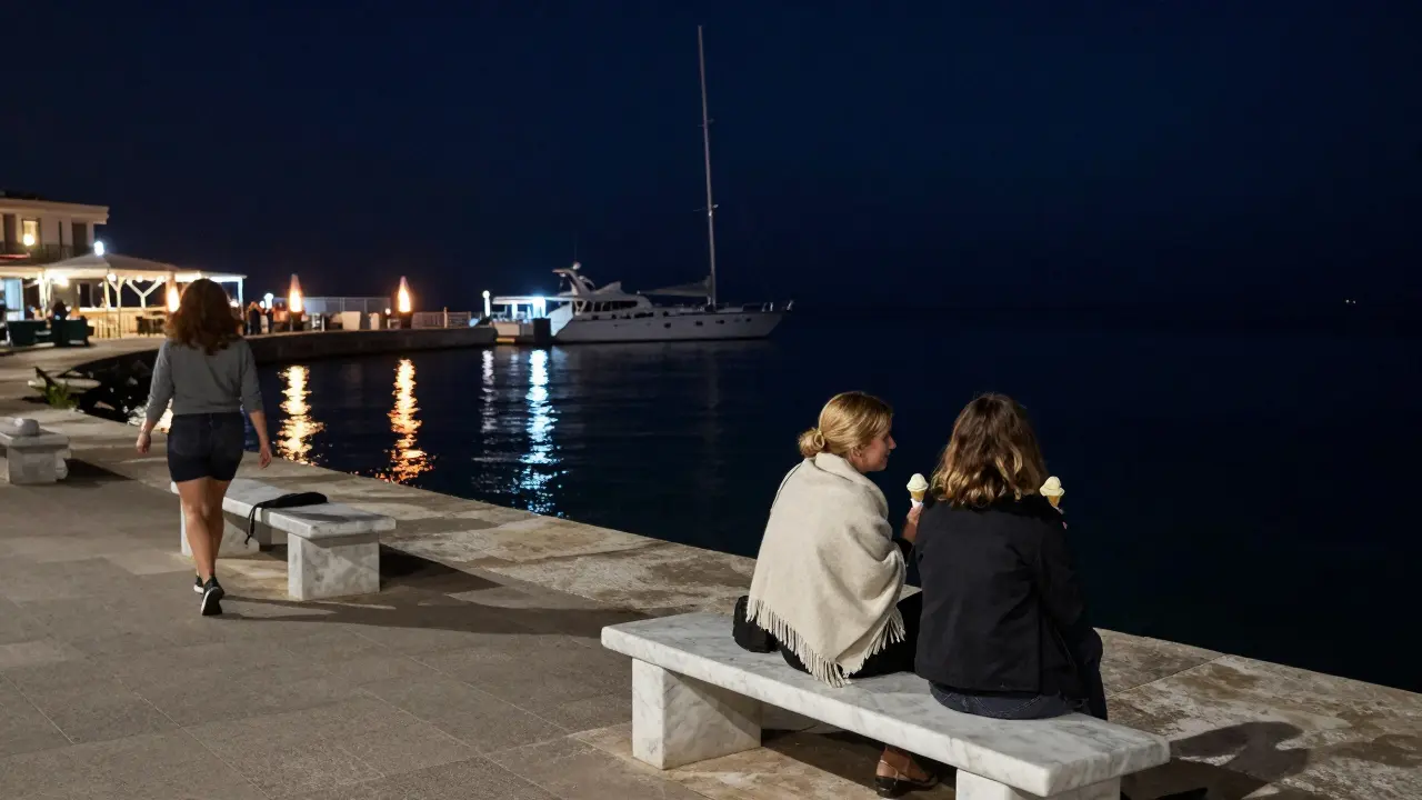 A couple walks the Port Hercules promenade at night, sharing gelato under reflected yacht lights, calm sea in the background.