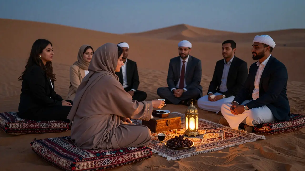 A cultural gathering in a desert majlis with Arabic coffee and dates under starlight.